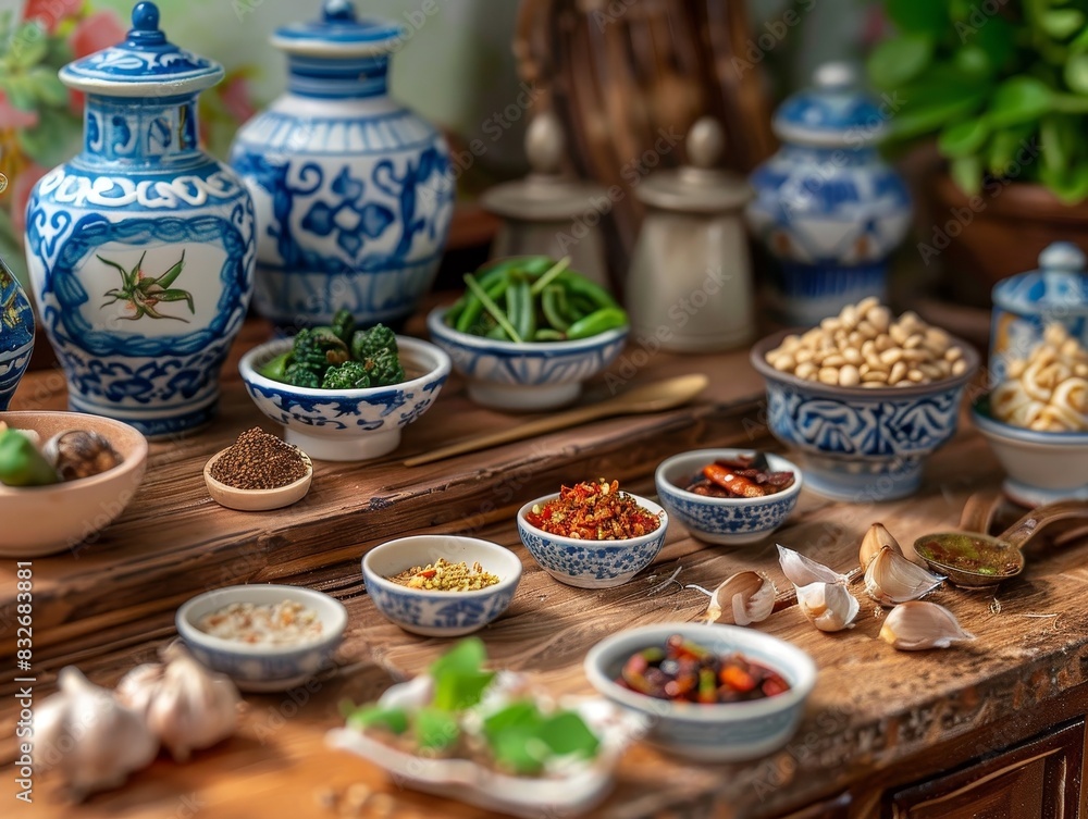 Fototapeta premium Miniature Thai Kitchen Set with Tiny Bowls of Ingredients and Cooking Utensils for Culinary Dollhouse Display