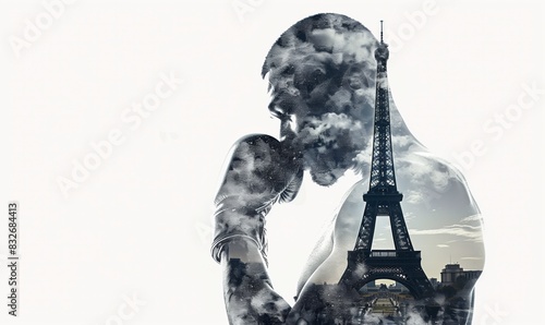 Double exposure of a boxer in gloves with the Eiffel Tower in the background, blending strength and Parisian elegance