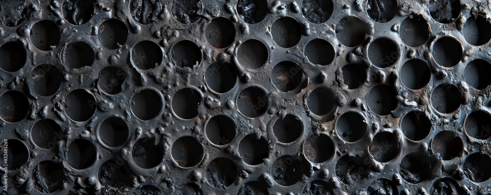 Close-up of a dark metallic honeycomb pattern with circular holes, showcasing industrial texture Close-up of a dark metallic honeycomb pattern with circular holes, showcasing industrial texture