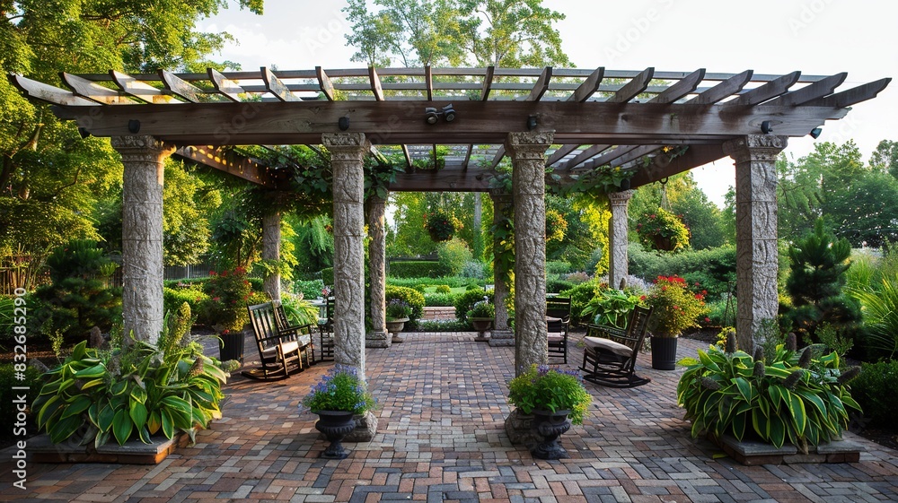 Visualize a regal pergola adorned with classic plants such as climbing vines and blooming flowers, exuding grandeur and sophistication Visualize a regal pergola adorned with classic plants such as climbing vines and blooming flowers, exuding grandeur and sophistication