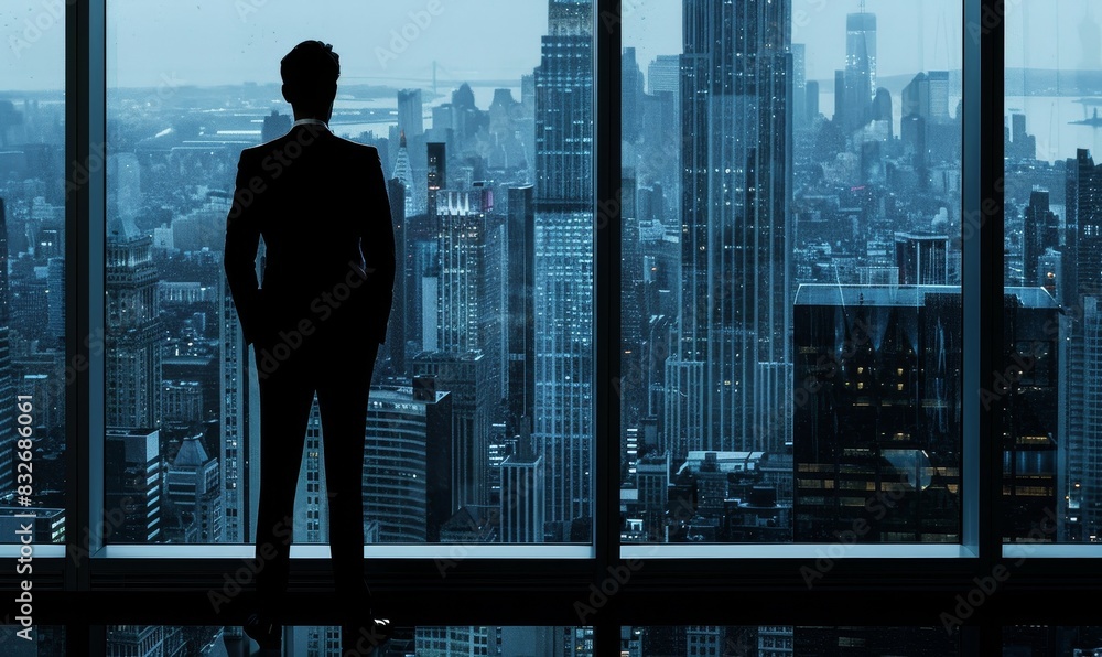 Fototapeta premium Contemplative Businessman Observing City Skyline