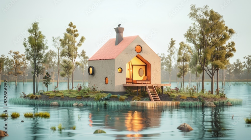 Fototapeta premium Modern minimalist house with large windows and a wooden deck on a small island in a lake with trees around