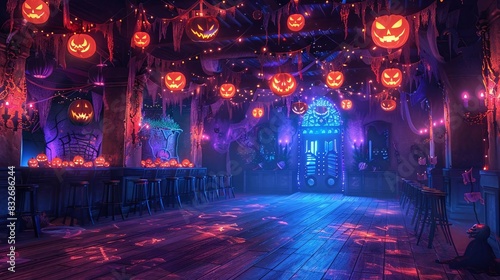 Illustrate a spooky  dimly lit dance floor with Halloween decorations