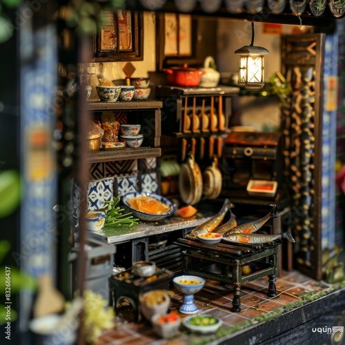 Tiny Thai Kitchen: Intricate Miniature Setup with Fish Grill for Creative Imagery
