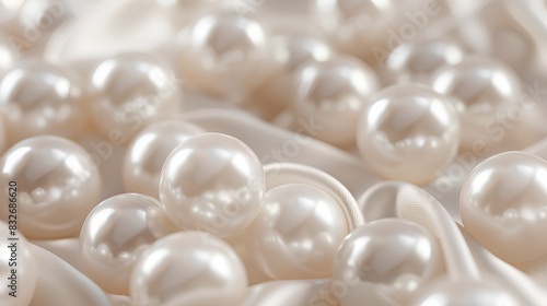  A closeup of white pearls in the foreground, with an outoffocus background of a soft gray color, creating a luxurious and elegant atmosphere. 