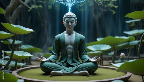 A serene illustration of a Buddha statue meditating in a tranquil lotus pond under moonlight  surrounded by lush foliage and a glowing brain-like canopy.. AI Generation