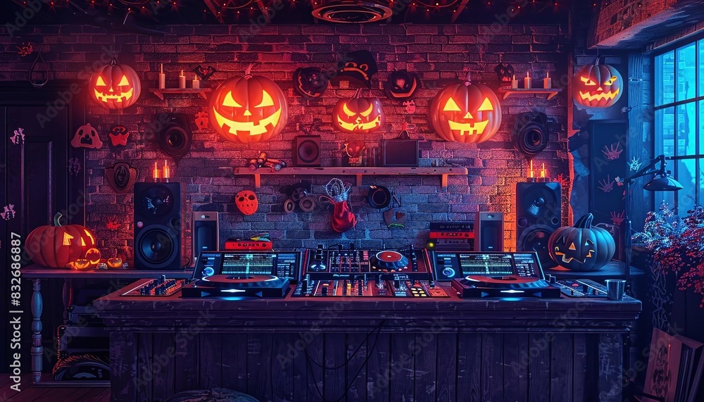 Create an image of a DJ booth decorated for a Halloween party Create an image of a DJ booth decorated for a Halloween party