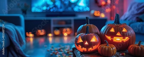 Create an image of a Halloween movie marathon setup at a party photo