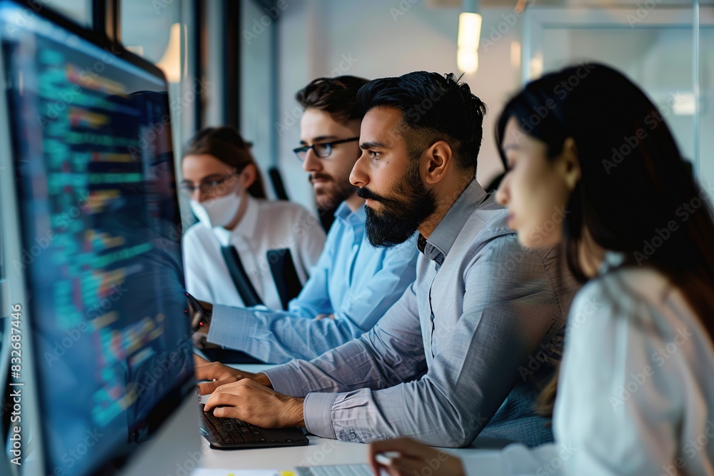 Group of diverse professionals focused on computer screen in off Group of diverse professionals focused on computer screen in off