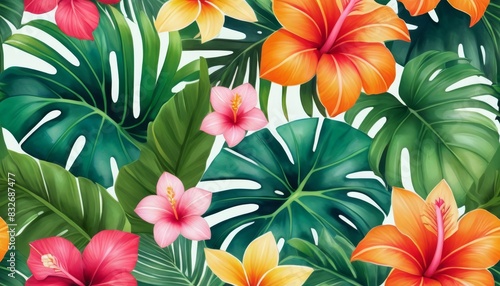 A vibrant tropical pattern featuring hibiscus flowers in shades of pink, red, and orange surrounded by lush green monstera leaves. This lively design is perfect for summer-themed projects and tropical