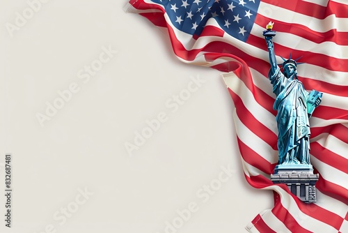 Statue of Liberty with the American flag in the background on a white surface, serving as a symbol of freedom and national pride. photo