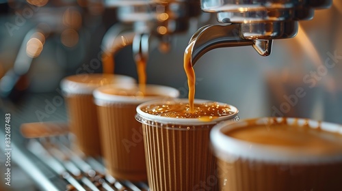 A close up photograph of coffee flowing from a stainless steal cup to a disposable brown coffee cup photo