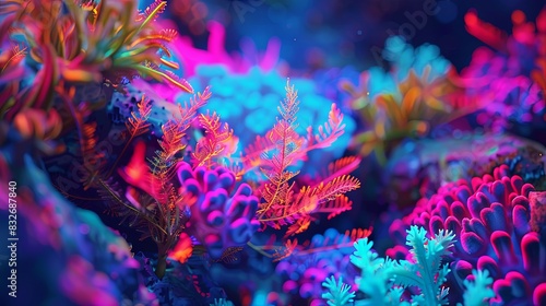A colorful underwater scene with a variety of plants and coral photo