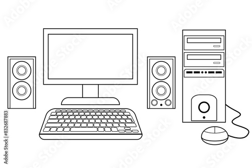 Vector e ilustración de computadora de escritorio con teclado, mouse, monitor y parlantes. Icono de tecnología en blanco y negro para sitio web, app y otros similares. 