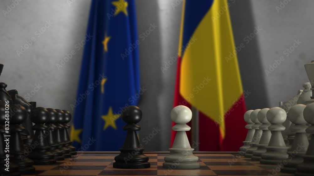 Romania And EU Flags. Politics And Conflict Concept Animation. Chess Board Game Play Romania And EU Flags. Politics And Conflict Concept Animation. Chess Board Game Play