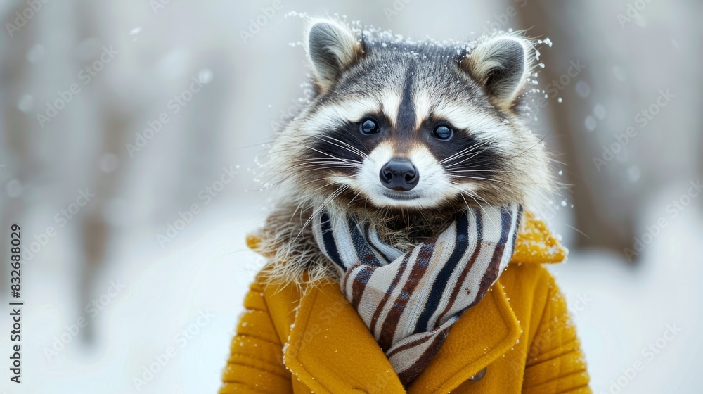 Adorable raccoon in winter attire against snowy background Adorable raccoon in winter attire against snowy background