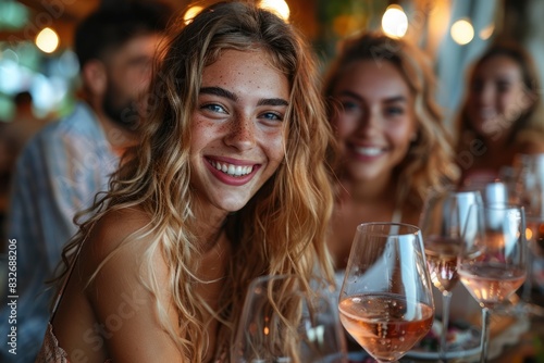 Happy friends sitting at restaurant tables drinking red wine - multi-racial young people enjoying a rooftop dinner party together - food and drink concepts, tourism concepts