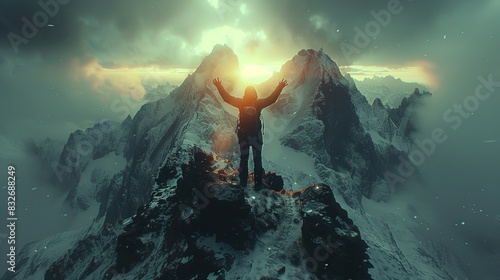 A jubilant figure stands atop the mountain summit arms raised in triumph
