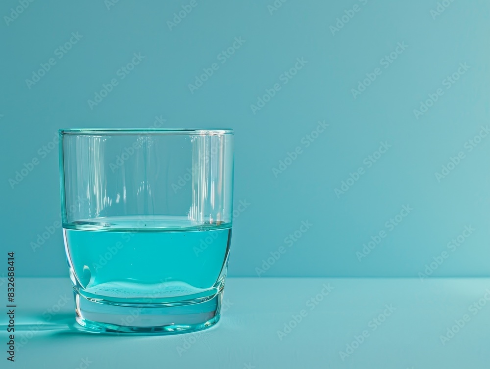 Fresh Mouthwash in Clear Glass Bottle with Copy Space for Text - Oral Hygiene Concept Fresh Mouthwash in Clear Glass Bottle with Copy Space for Text - Oral Hygiene Concept