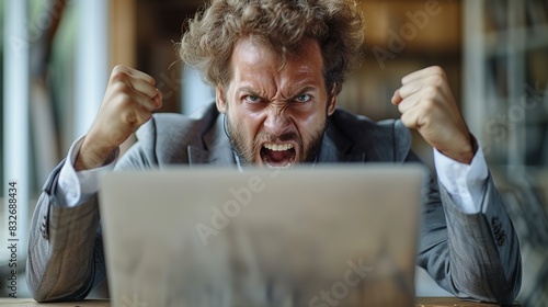 An enraged businessman sits behind his laptop photo