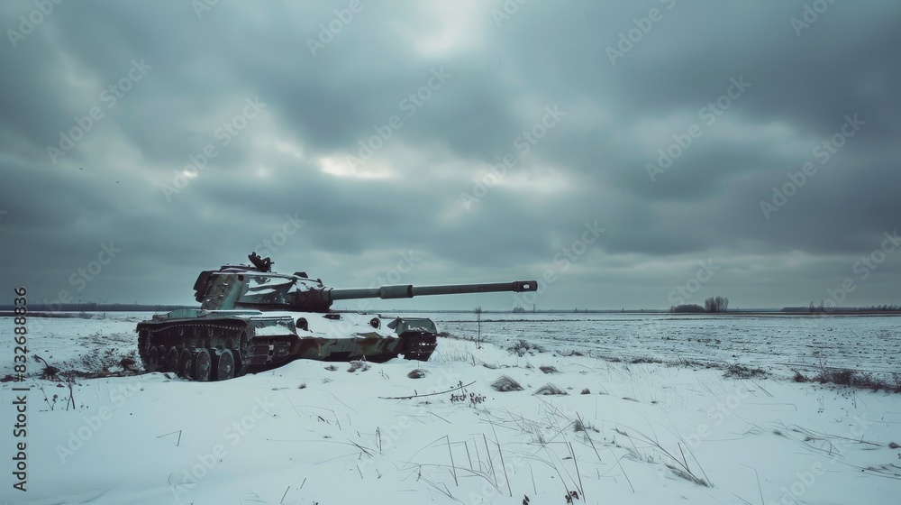 Abandoned tank in winter landscape Abandoned tank in winter landscape