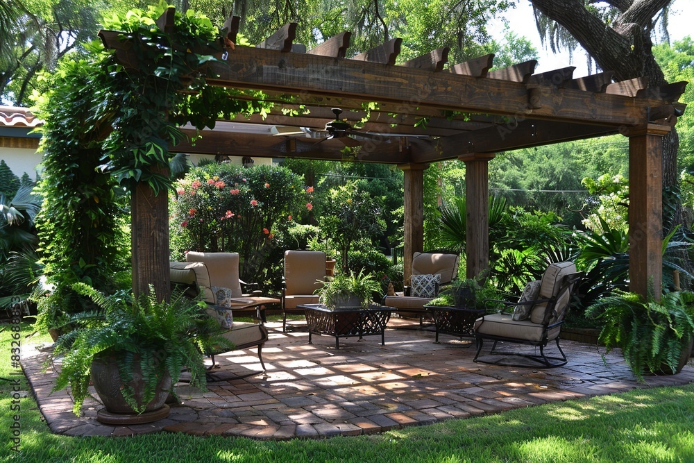 Visualize a regal pergola adorned with classic plants such as climbing vines and blooming flowers, exuding grandeur and sophistication Visualize a regal pergola adorned with classic plants such as climbing vines and blooming flowers, exuding grandeur and sophistication