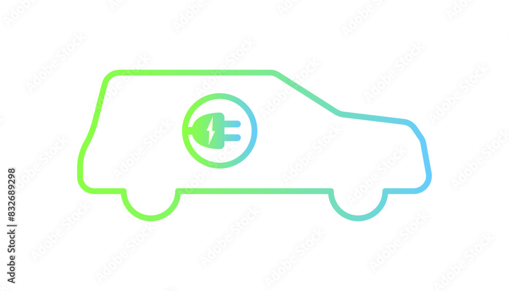 Naklejka premium Electric car with green plug symbol. Green hybrid vehicles charging point logo. 