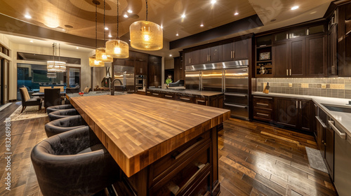 A panoramic view of a spacious Modern Craftsman kitchen showcasing a large island with a butcher block top, elegantly lit by custom pendant lighting