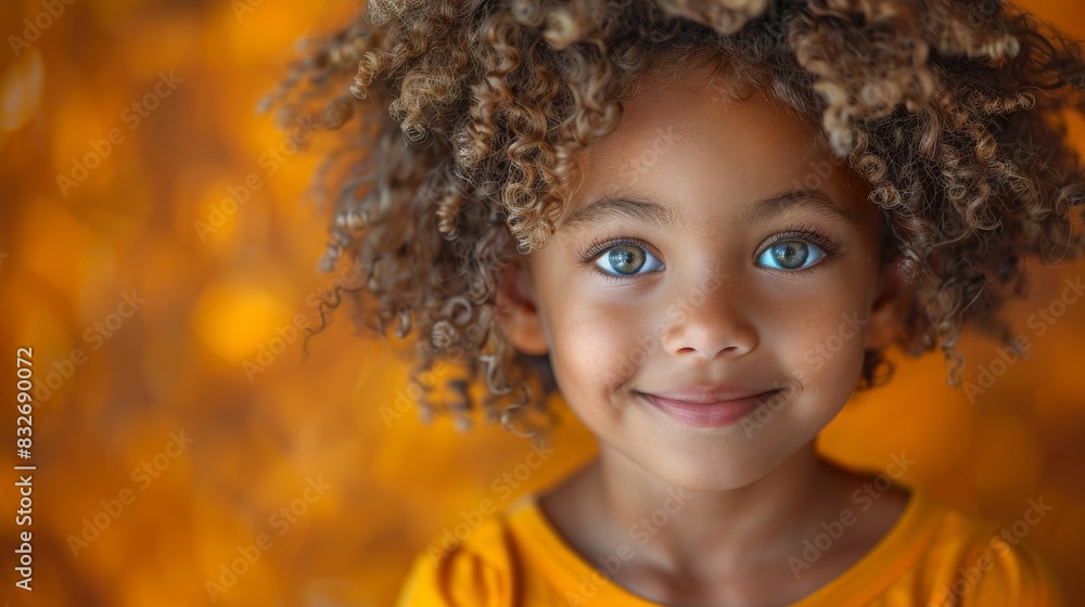 Joyful child with curly hair on warm background Joyful child with curly hair on warm background