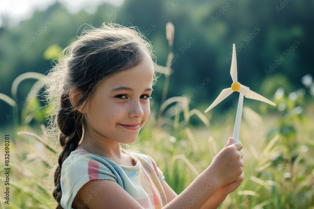 Smiling child holding a toy wind turbine, standing in a lush field, sunny day Smiling child holding a toy wind turbine, standing in a lush field, sunny day