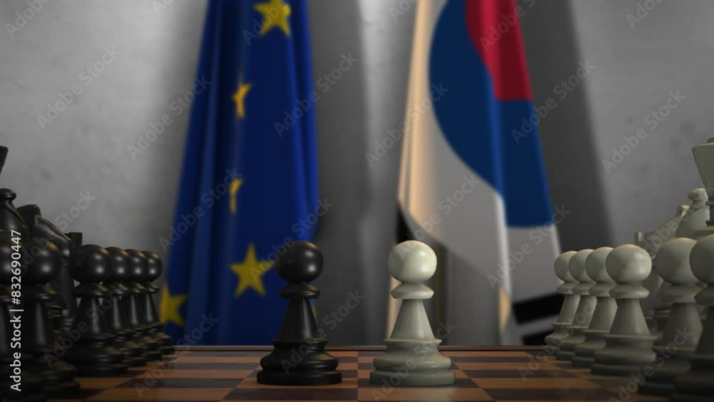 South Korea And EU Flags. Politics And Conflict Concept Animation. Chess Board Game Play South Korea And EU Flags. Politics And Conflict Concept Animation. Chess Board Game Play