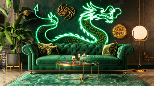 A sophisticated living room boasts a green velvet sofa, enhanced by a captivating neon dragon pattern 
