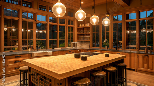 A spacious and modern Craftsman kitchen featuring a butcher block island at its core, lit by a series of pendant lights