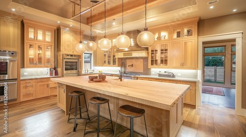 A spacious and modern Craftsman kitchen with a prominent island featuring a butcher block countertop, beautifully illuminated by unique pendant lights