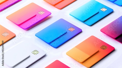 A group of colorful credit cards stacked in a row, showing different shades and designs