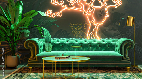 A stunning living room scene where a green velvet sofa is enhanced by the glow of a neon-lit tree pattern on the solid wall behind. 