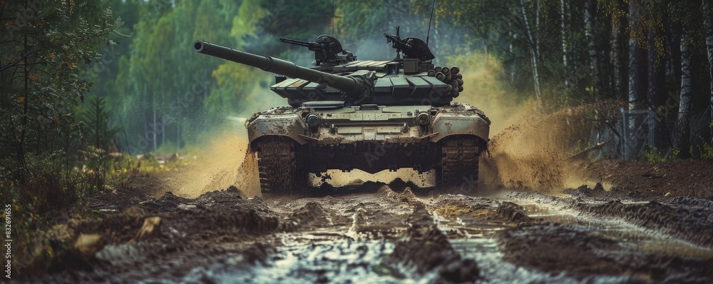 Military tank speeding through muddy terrain in forest Military tank speeding through muddy terrain in forest
