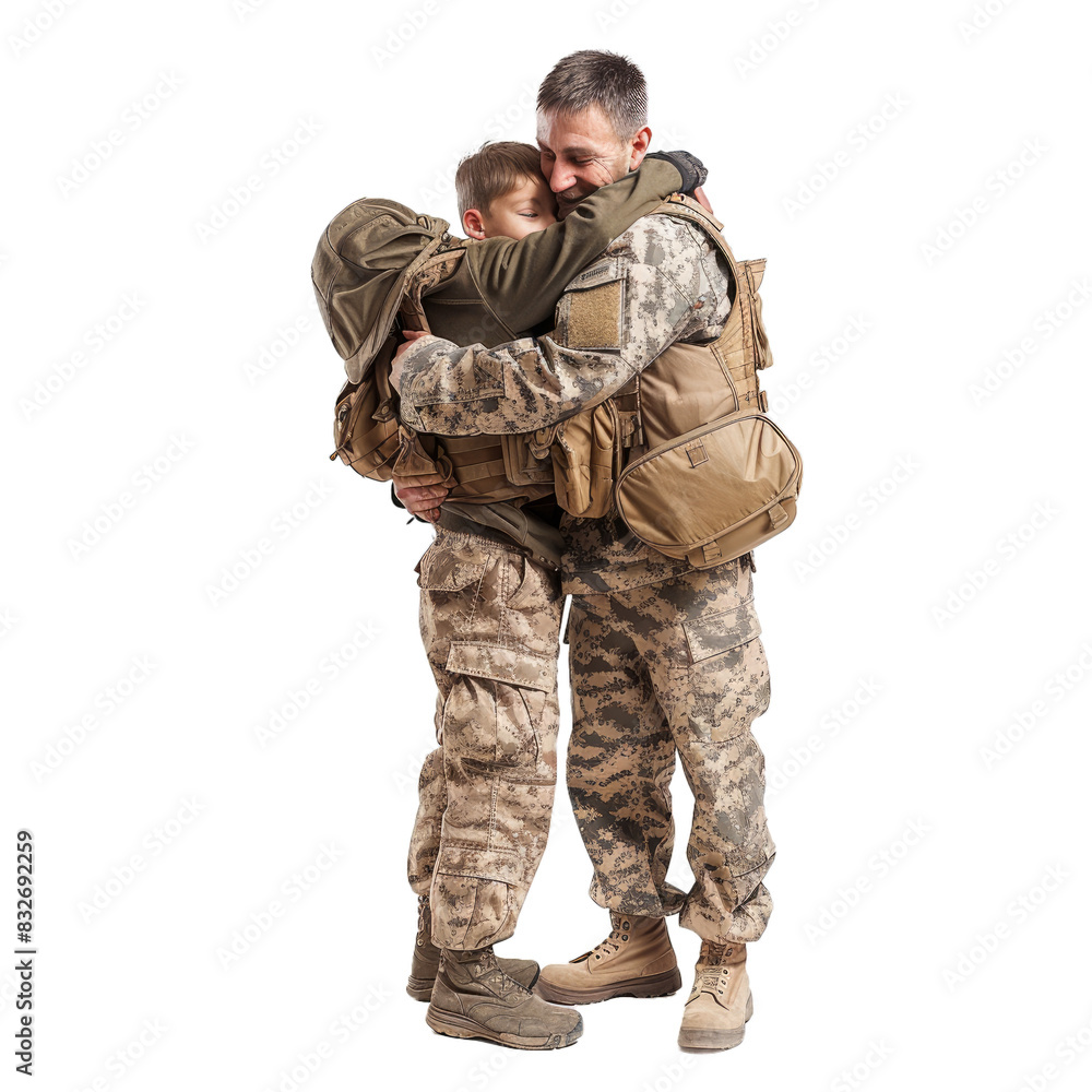 Fototapeta premium Soldier in uniform hugging young child, emotional family reunion, isolated on checkered background