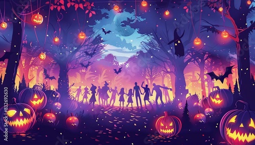 Generate a visual of a Halloween dance party with spooky decorations