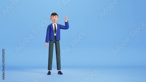 Man thinking and looking for answer, Eureka. hand gesture, index finger up. Concept of a great idea, brainstorming. Solution of the problem, right decision. 3d character animation, businessman
