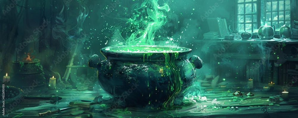 Generate a visual of a witch s cauldron bubbling with green potion ...