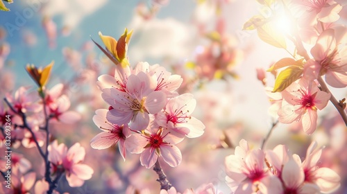 Flowering cherry and peach trees bloom in a park or garden with small blossoms on branches under a sunny sky as Easter approaches