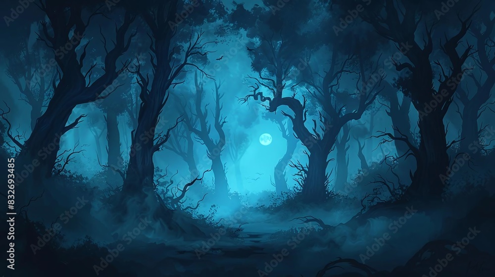 Obraz premium Illustrate a spooky forest with eerie lighting and fog for a Halloween event