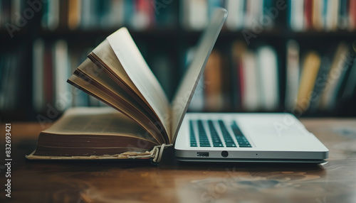 An open book and a laptop side by side on a wooden table in a library. The image symbolizes the blend of traditional and modern education methods.