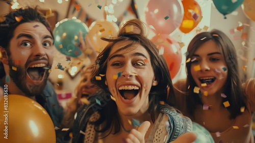 Three friends celebrate with confetti and balloons,  joyfully laughing and smiling. photo