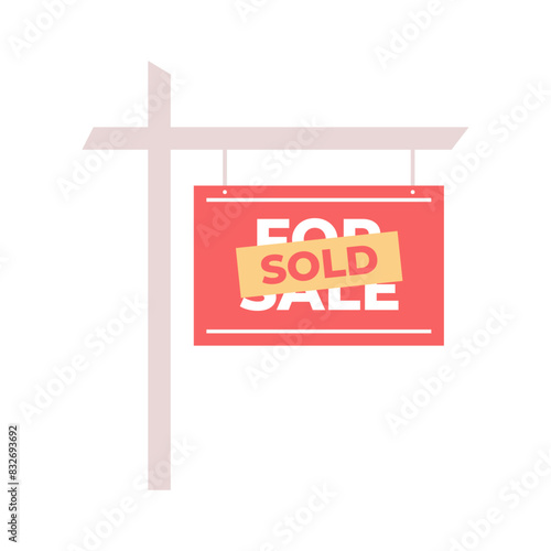 Real estate red sign with text. Property for sale sold. House and home yard signage.