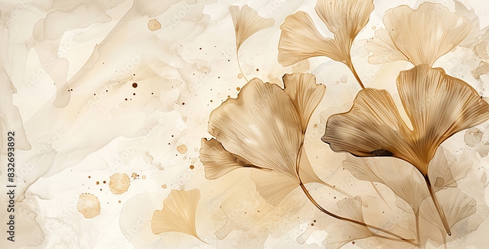 Abstract luxury art background with ginkgo leaves in blue, beige and gold tones. Botanical watercolor banner for wallpaper. AI generated illustration Abstract luxury art background with ginkgo leaves in blue, beige and gold tones. Botanical watercolor banner for wallpaper. AI generated illustration