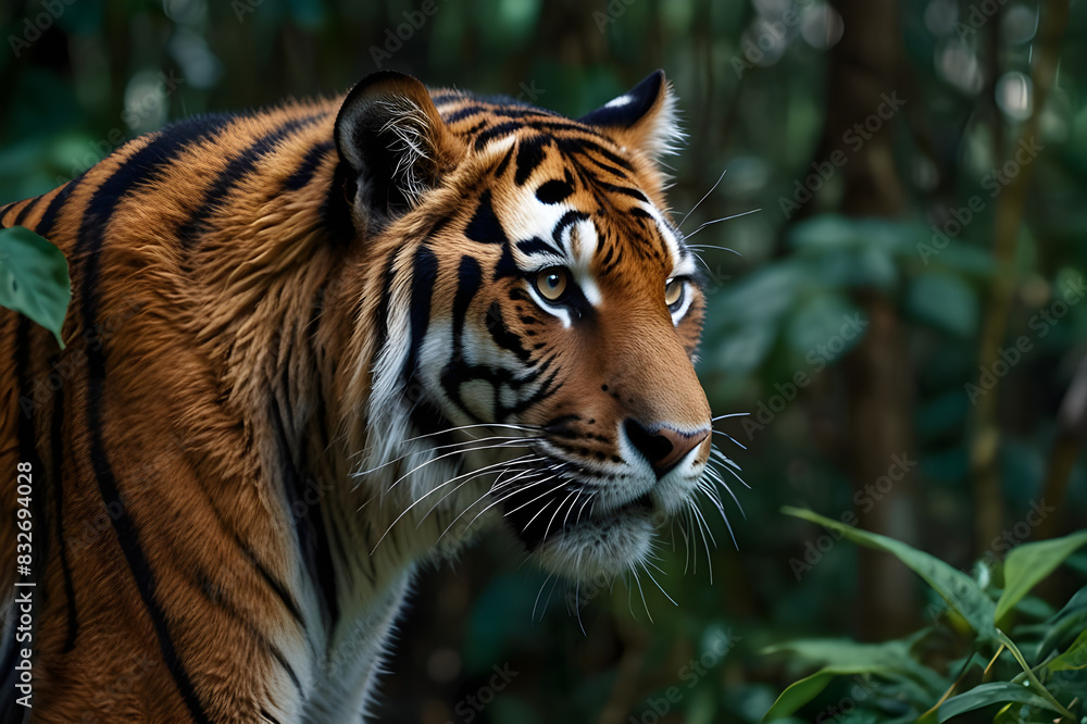 Fototapeta premium A fierce tiger stalking through a dense jungle, its eyes fixed on its prey.