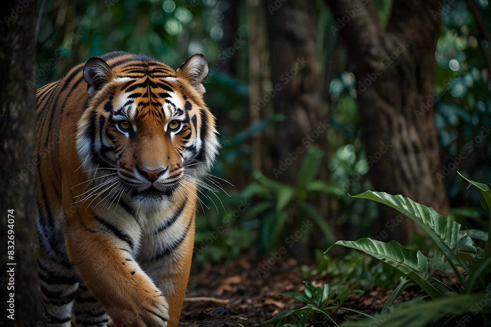 Obraz premium A fierce tiger stalking through a dense jungle, its eyes fixed on its prey.