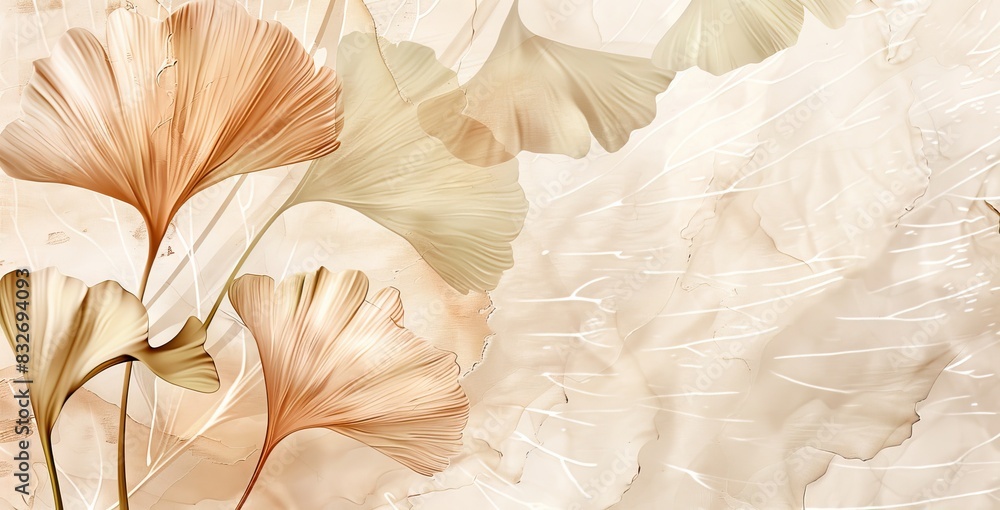 Abstract luxury art background with ginkgo leaves in blue, beige and gold tones. Botanical watercolor banner for wallpaper. AI generated illustration Abstract luxury art background with ginkgo leaves in blue, beige and gold tones. Botanical watercolor banner for wallpaper. AI generated illustration